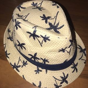 Tan Straw Fedora with blue palm trees